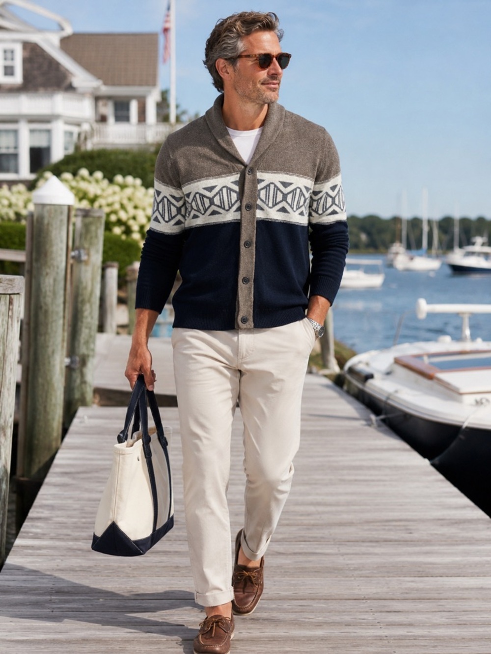 Banana Republic Shawl Collar Cardigan Men’s XXL Navy Taupe Fair Isle Button